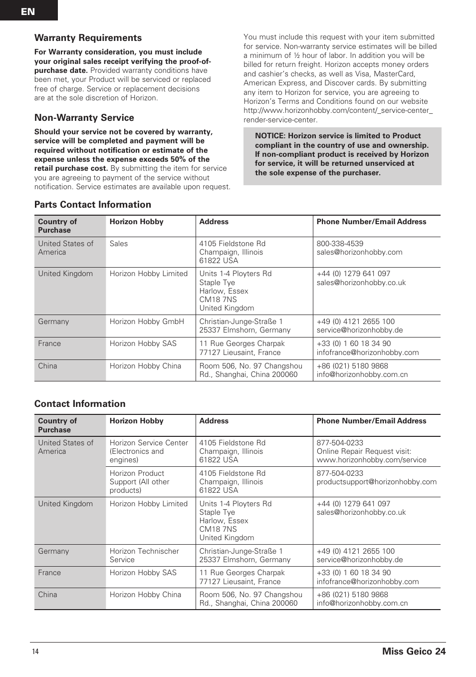 Miss geico 24 warranty requirements, Non-warranty service, Contact information | Parts contact information | Pro Boat PRB0500 User Manual | Page 14 / 60