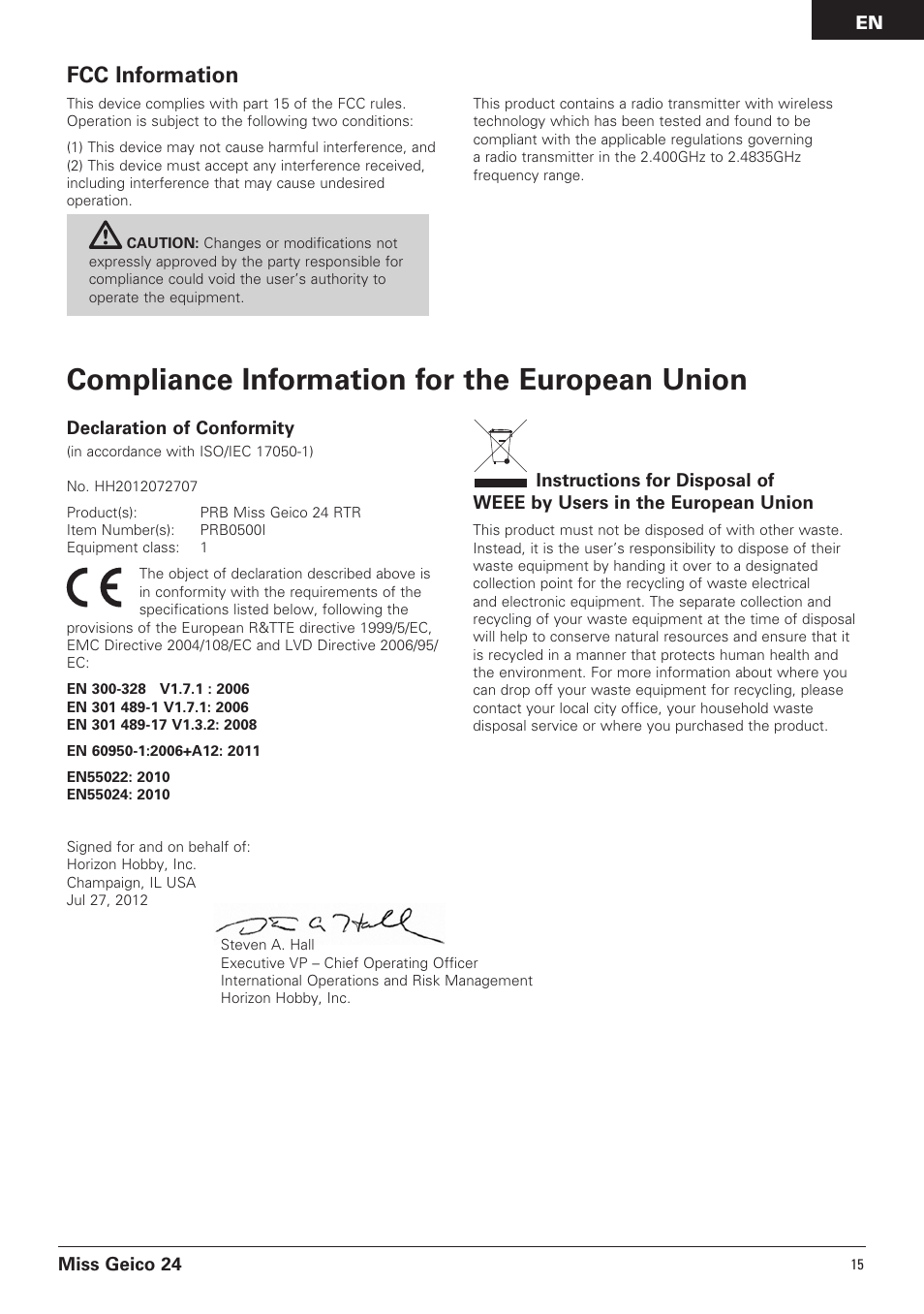 Compliance information for the european union, Fcc information | Pro Boat PRB0500 User Manual | Page 15 / 60