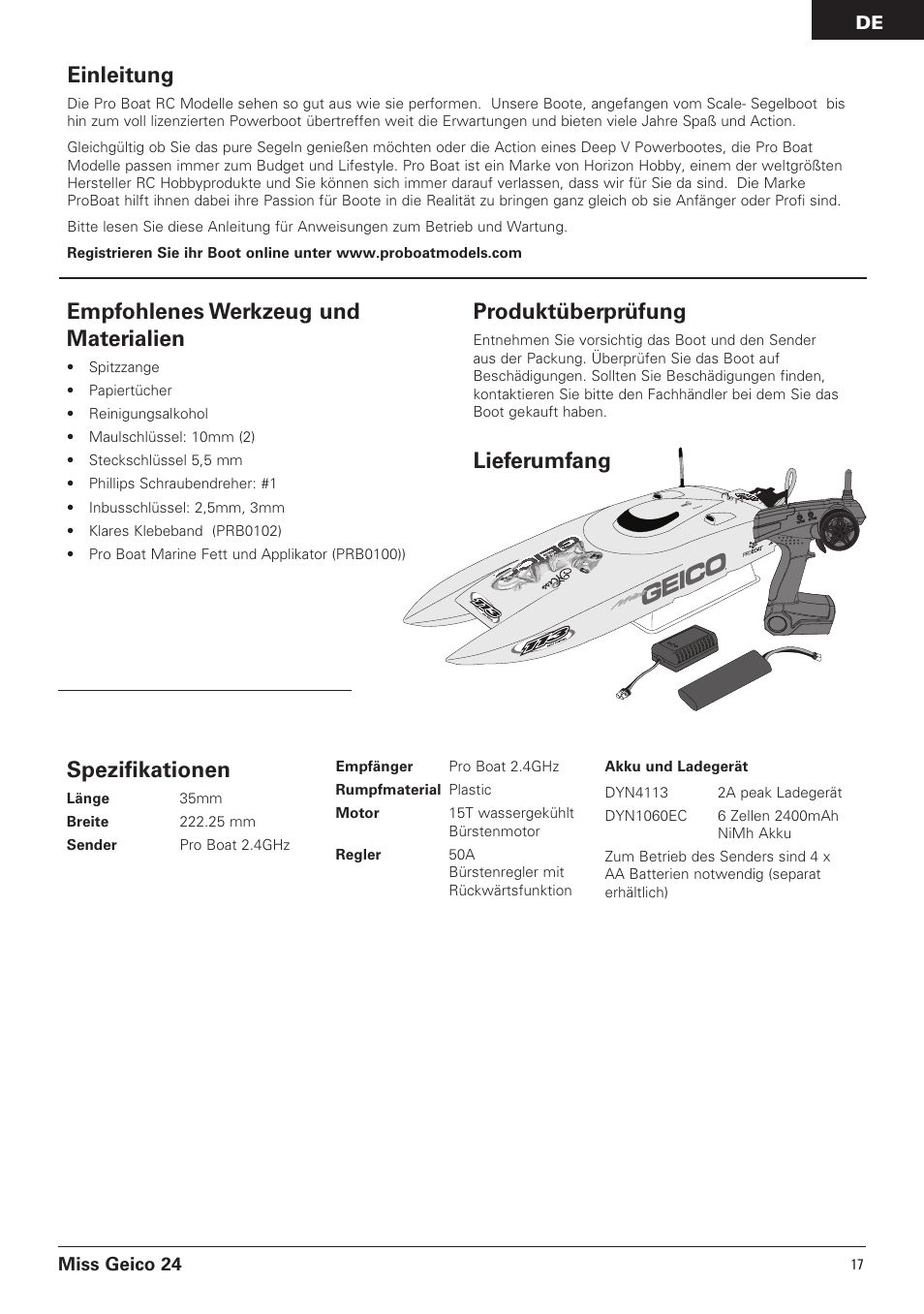 Einleitung, Spezifikationen, Empfohlenes werkzeug und materialien | Produktüberprüfung, Lieferumfang | Pro Boat PRB0500 User Manual | Page 17 / 60