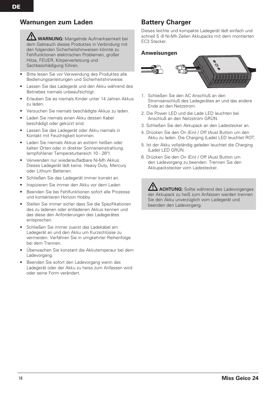 Warnungen zum laden, Battery charger, Miss geico 24 | Anweisungen | Pro Boat PRB0500 User Manual | Page 18 / 60