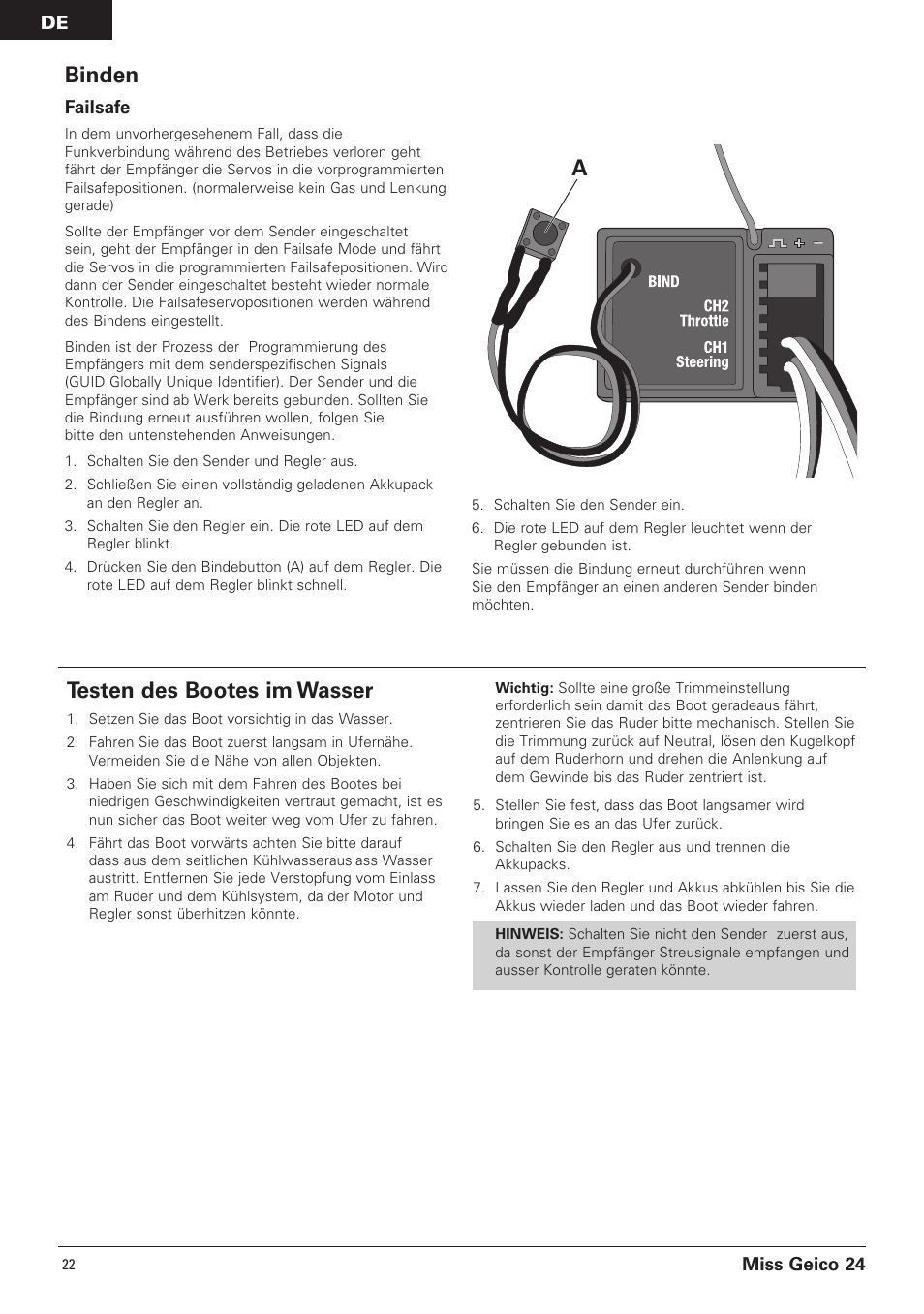 Testen des bootes im wasser, Binden | Pro Boat PRB0500 User Manual | Page 22 / 60