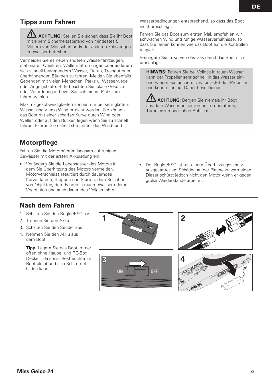 Nach dem fahren, Motorpflege, Tipps zum fahren | Pro Boat PRB0500 User Manual | Page 23 / 60