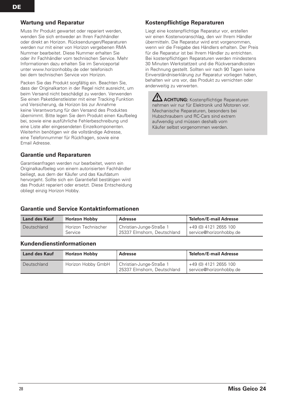 Miss geico 24 wartung und reparatur, Garantie und reparaturen, Kostenpflichtige reparaturen | Kundendienstinformationen, Garantie und service kontaktinformationen | Pro Boat PRB0500 User Manual | Page 28 / 60