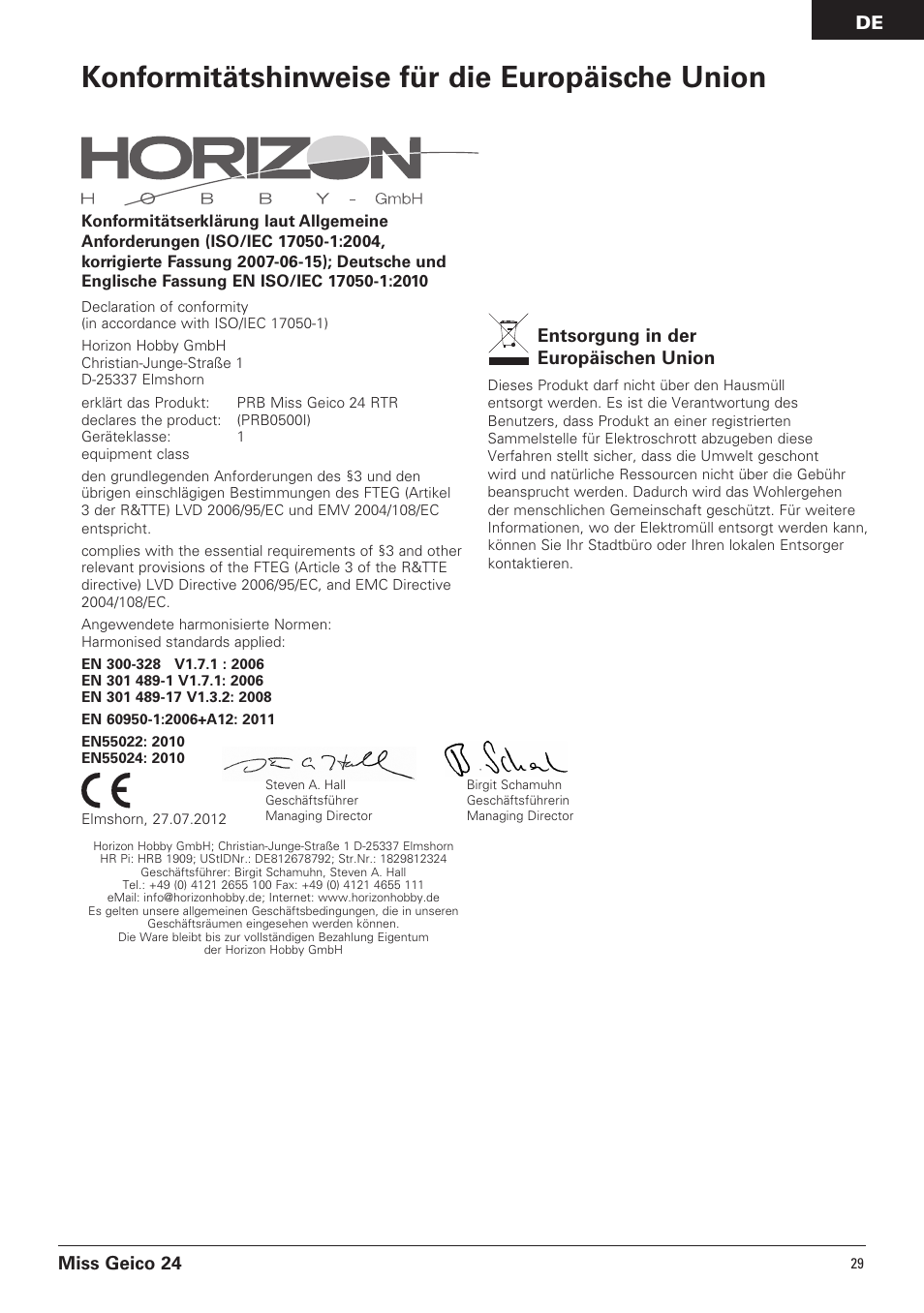 Konformitätshinweise für die europäische union, Miss geico 24, Entsorgung in der europäischen union | Pro Boat PRB0500 User Manual | Page 29 / 60