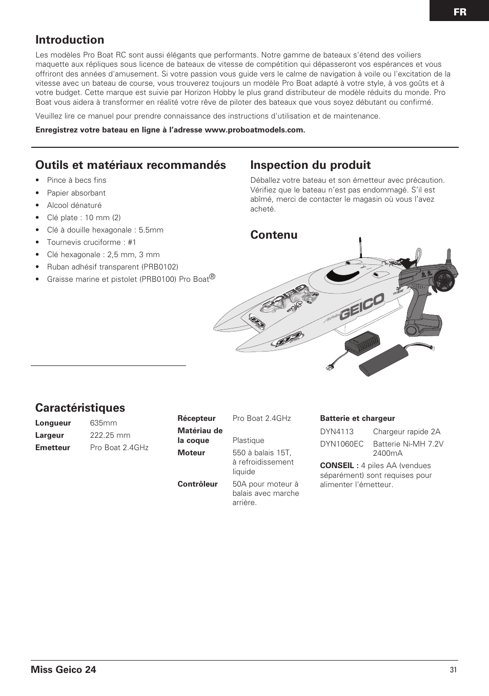 Introduction, Caractéristiques, Outils et matériaux recommandés | Inspection du produit, Contenu | Pro Boat PRB0500 User Manual | Page 31 / 60