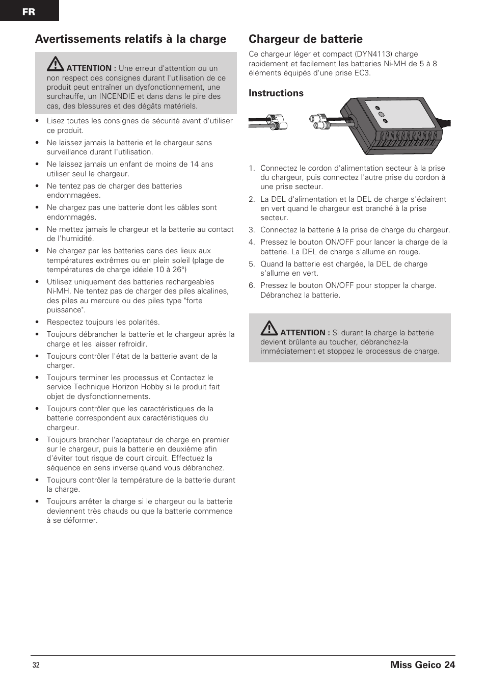Avertissements relatifs à la charge, Chargeur de batterie, Miss geico 24 | Instructions | Pro Boat PRB0500 User Manual | Page 32 / 60