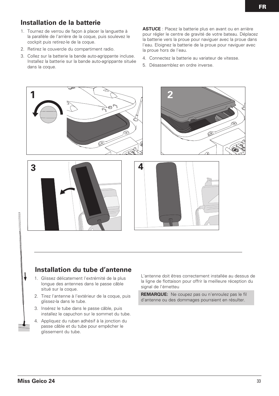 Installation de la batterie, Installation du tube d’antenne | Pro Boat PRB0500 User Manual | Page 33 / 60