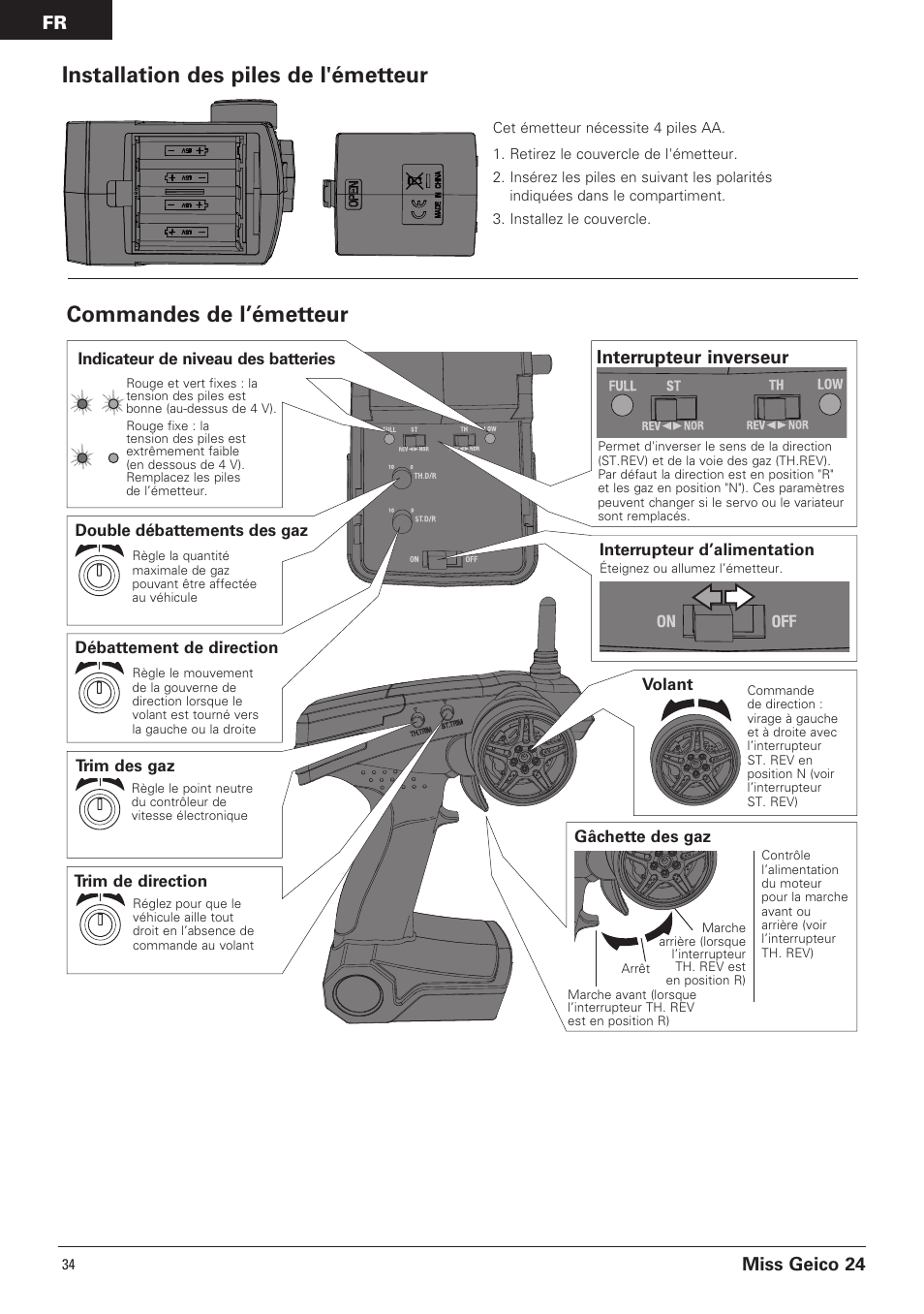 Installation des piles de l'émetteur, Commandes de l’émetteur, Miss geico 24 | Interrupteur inverseur | Pro Boat PRB0500 User Manual | Page 34 / 60