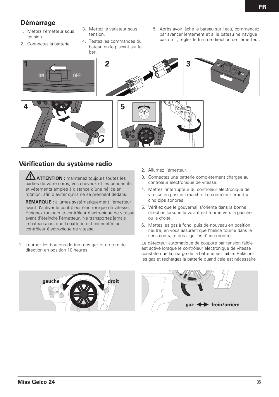 Vérification du système radio, Démarrage, Miss geico 24 | Pro Boat PRB0500 User Manual | Page 35 / 60