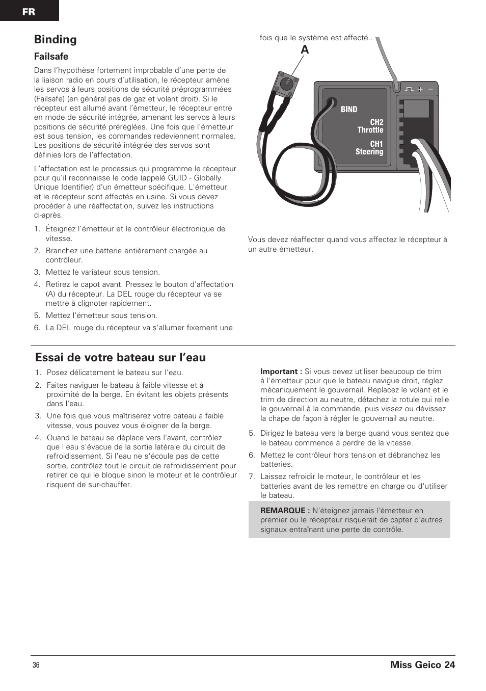 Essai de votre bateau sur l’eau, Binding | Pro Boat PRB0500 User Manual | Page 36 / 60