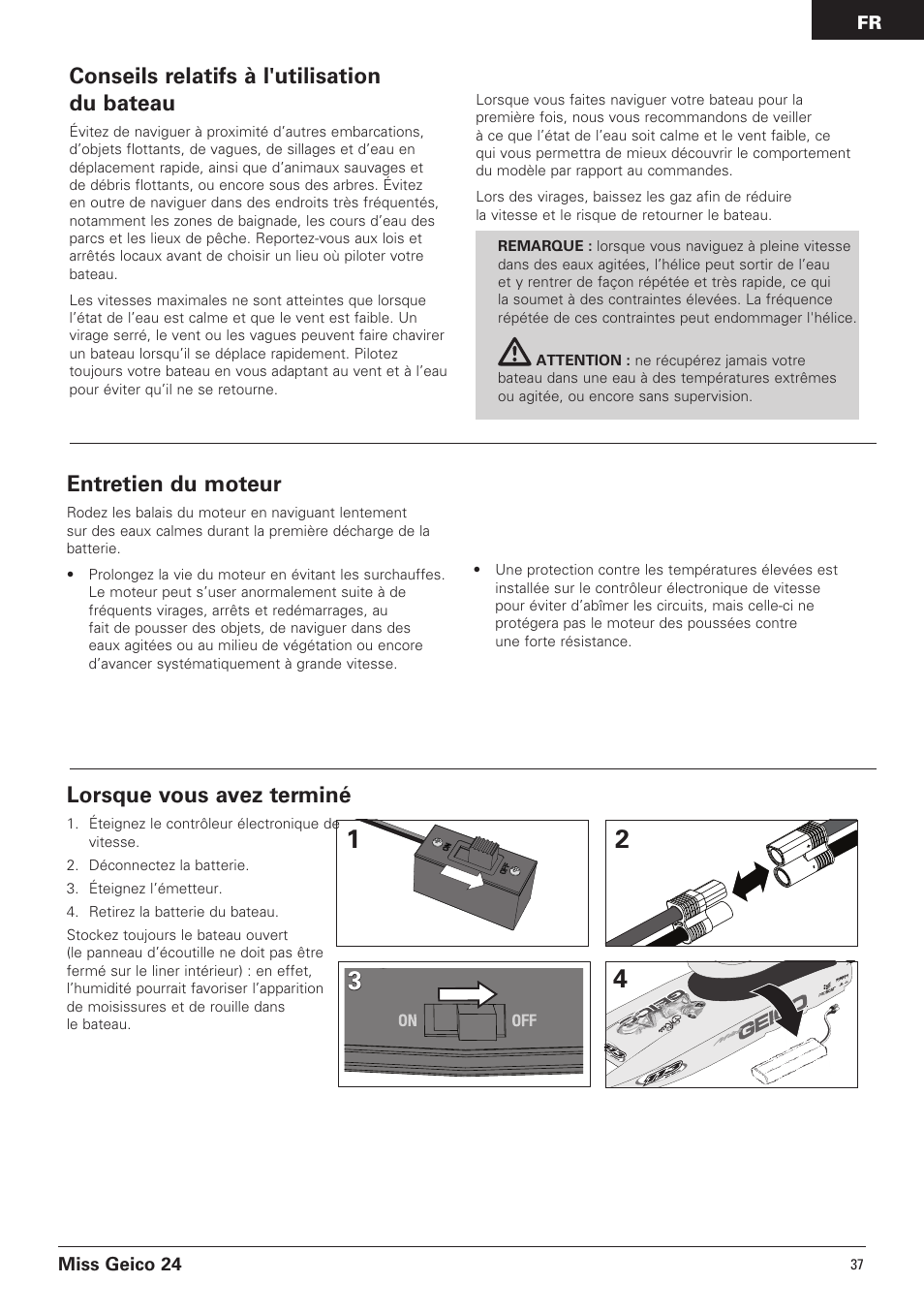 Lorsque vous avez terminé, Entretien du moteur, Conseils relatifs à l'utilisation du bateau | Pro Boat PRB0500 User Manual | Page 37 / 60
