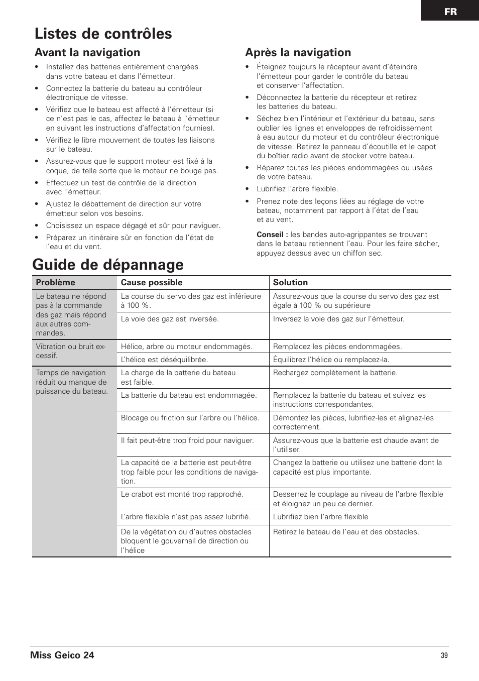 Listes de contrôles, Guide de dépannage, Avant la navigation | Après la navigation | Pro Boat PRB0500 User Manual | Page 39 / 60