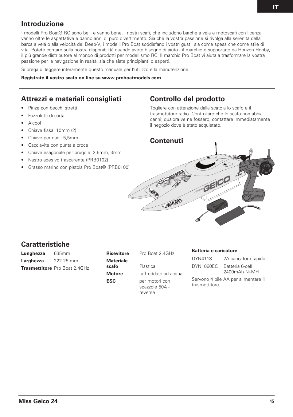Introduzione, Caratteristiche, Attrezzi e materiali consigliati | Controllo del prodotto, Contenuti | Pro Boat PRB0500 User Manual | Page 45 / 60