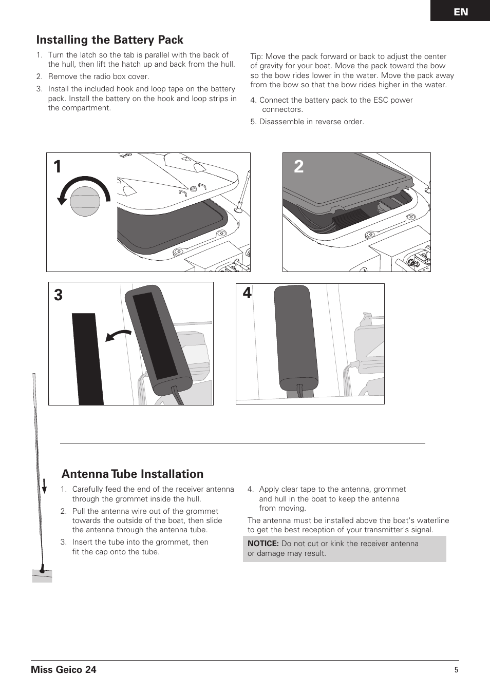 Installing the battery pack, Antenna tube installation | Pro Boat PRB0500 User Manual | Page 5 / 60