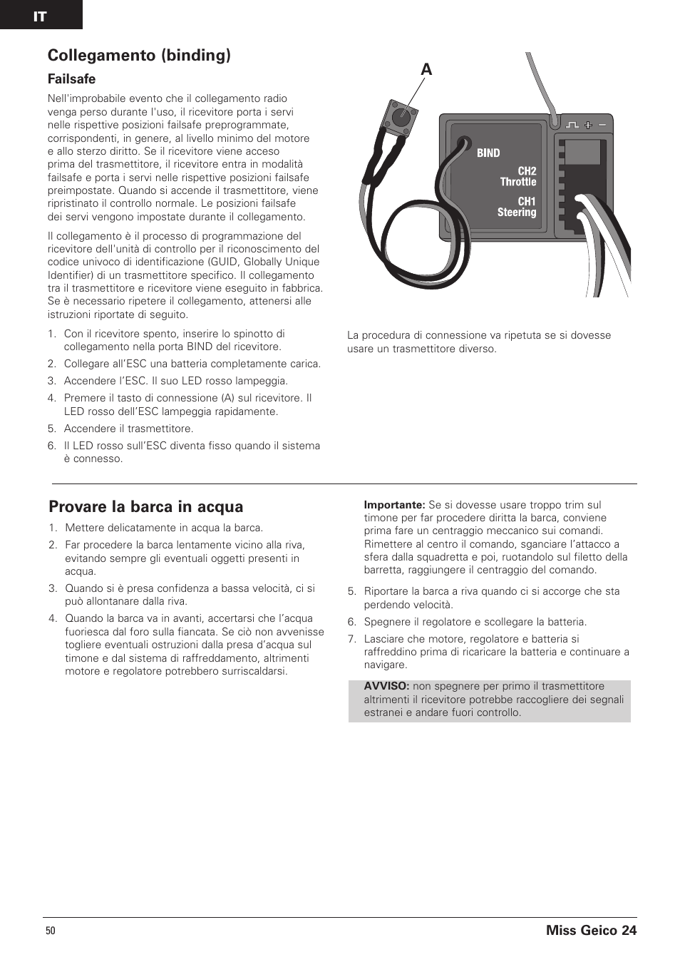 Provare la barca in acqua, Collegamento (binding) | Pro Boat PRB0500 User Manual | Page 50 / 60