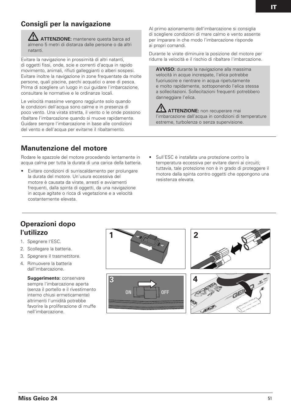 Manutenzione del motore, Consigli per la navigazione, Operazioni dopo l'utilizzo | Pro Boat PRB0500 User Manual | Page 51 / 60