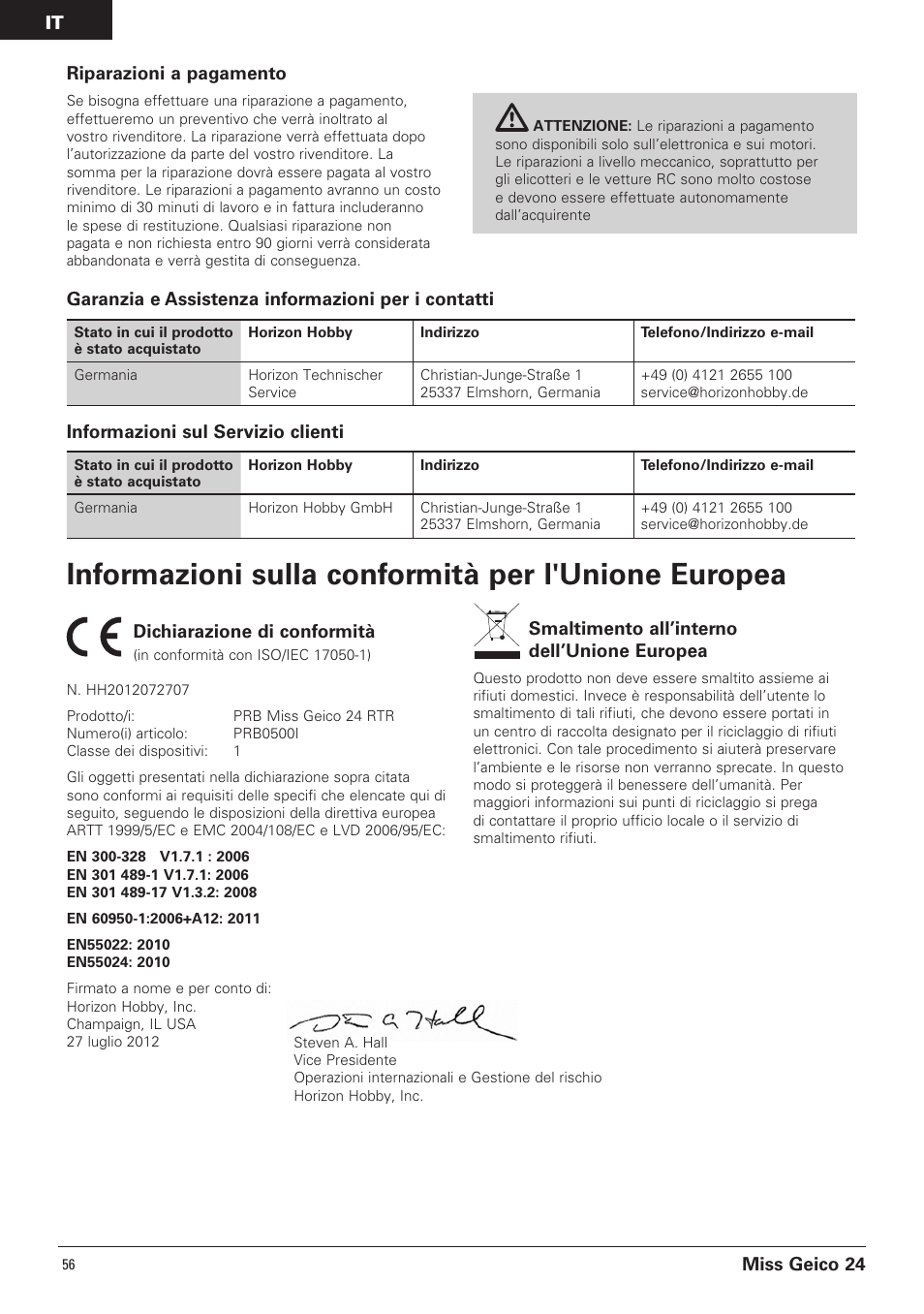 Informazioni sulla conformità per l'unione europea | Pro Boat PRB0500 User Manual | Page 56 / 60