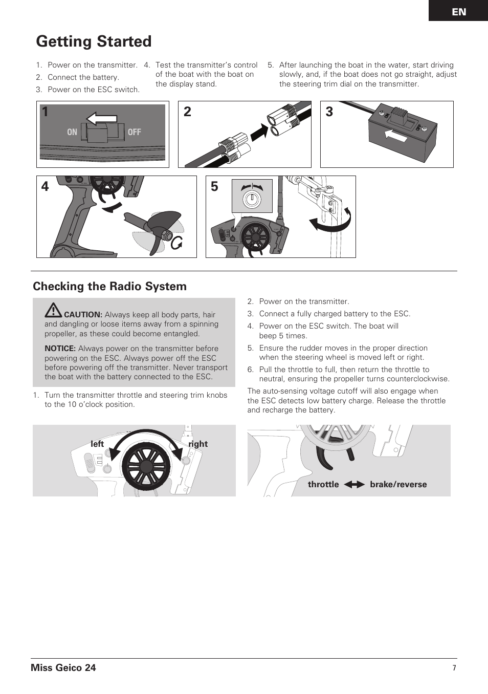 Getting started, Checking the radio system, Miss geico 24 | Pro Boat PRB0500 User Manual | Page 7 / 60