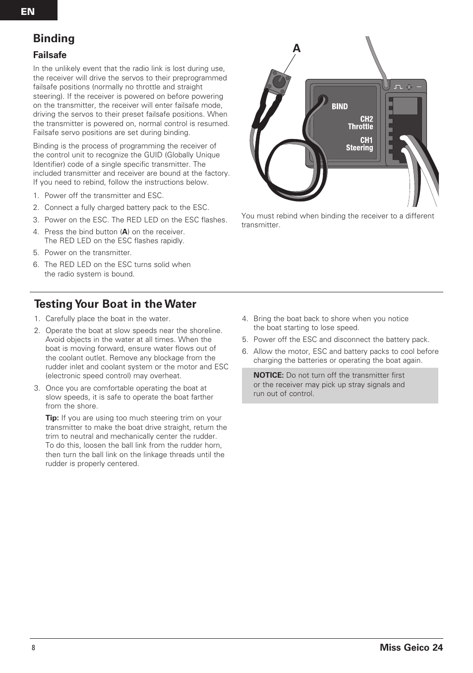 Testing your boat in the water, Binding | Pro Boat PRB0500 User Manual | Page 8 / 60