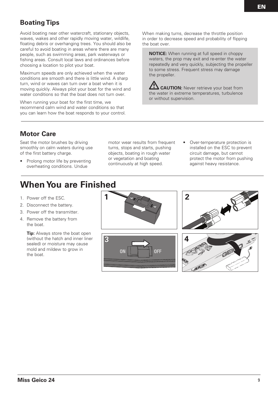 When you are finished, Boating tips, Motor care | Pro Boat PRB0500 User Manual | Page 9 / 60