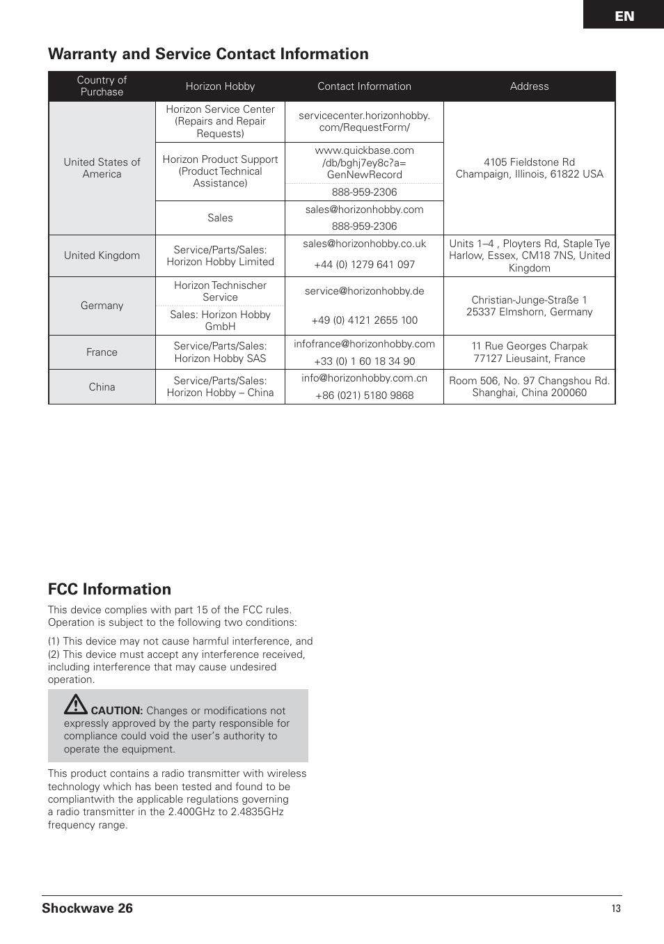 Fcc information, Warranty and service contact information, Shockwave 26 | Pro Boat PRB0600 User Manual | Page 13 / 56