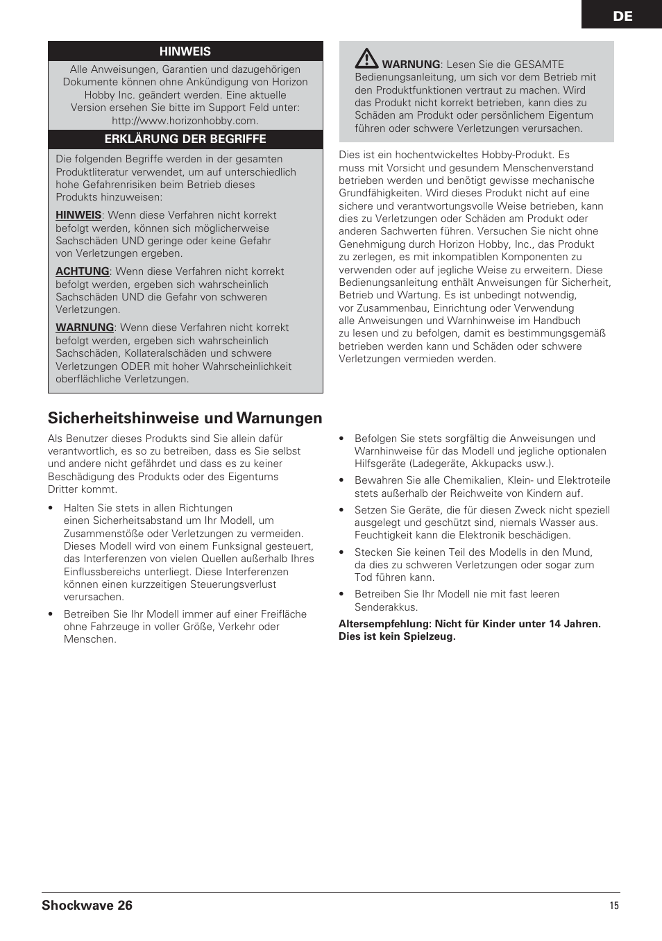 Sicherheitshinweise und warnungen, Shockwave 26 | Pro Boat PRB0600 User Manual | Page 15 / 56