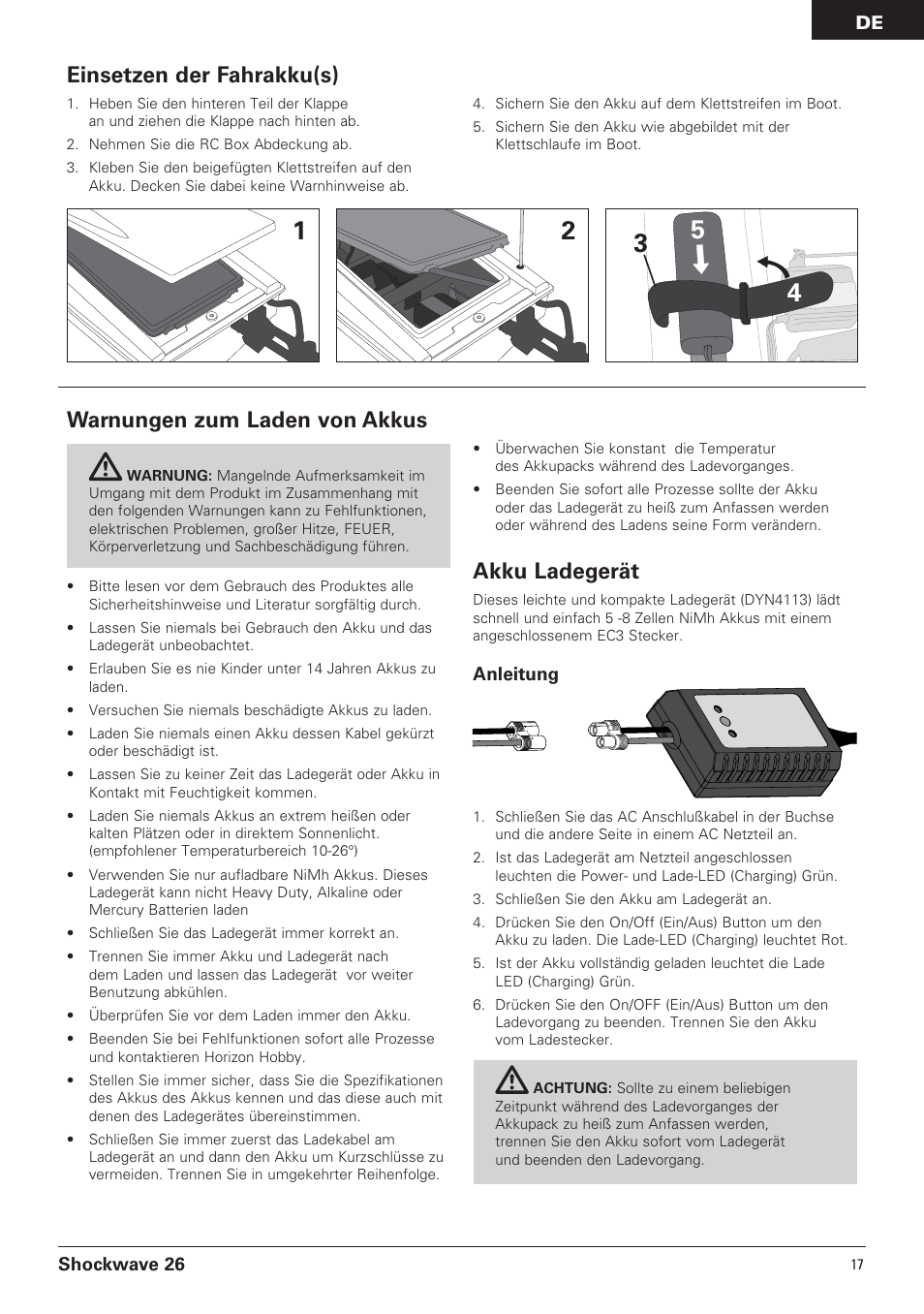 Warnungen zum laden von akkus, Akku ladegerät, Einsetzen der fahrakku(s) | Pro Boat PRB0600 User Manual | Page 17 / 56