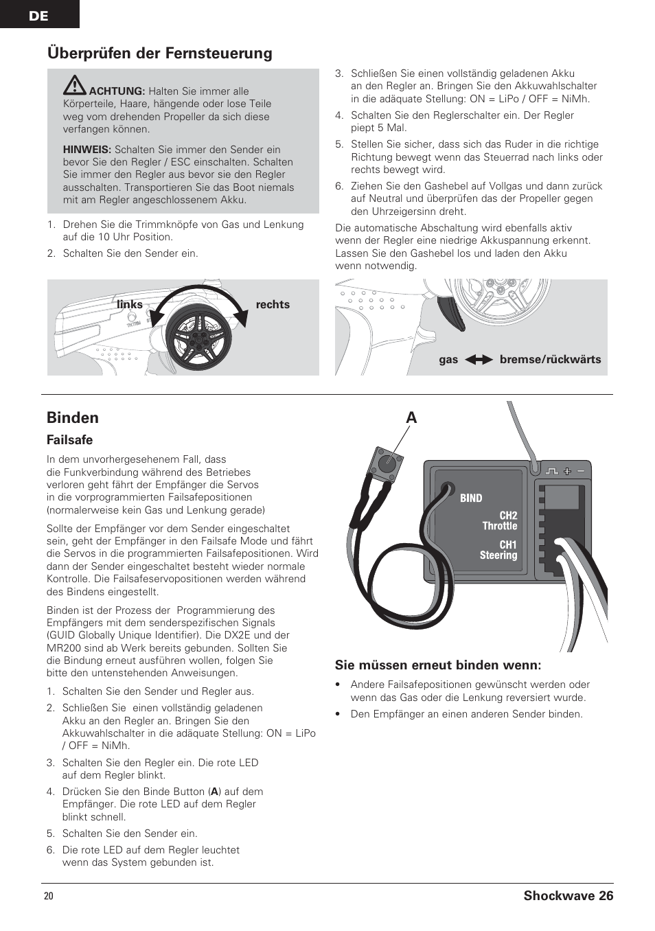 Überprüfen der fernsteuerung, Binden | Pro Boat PRB0600 User Manual | Page 20 / 56