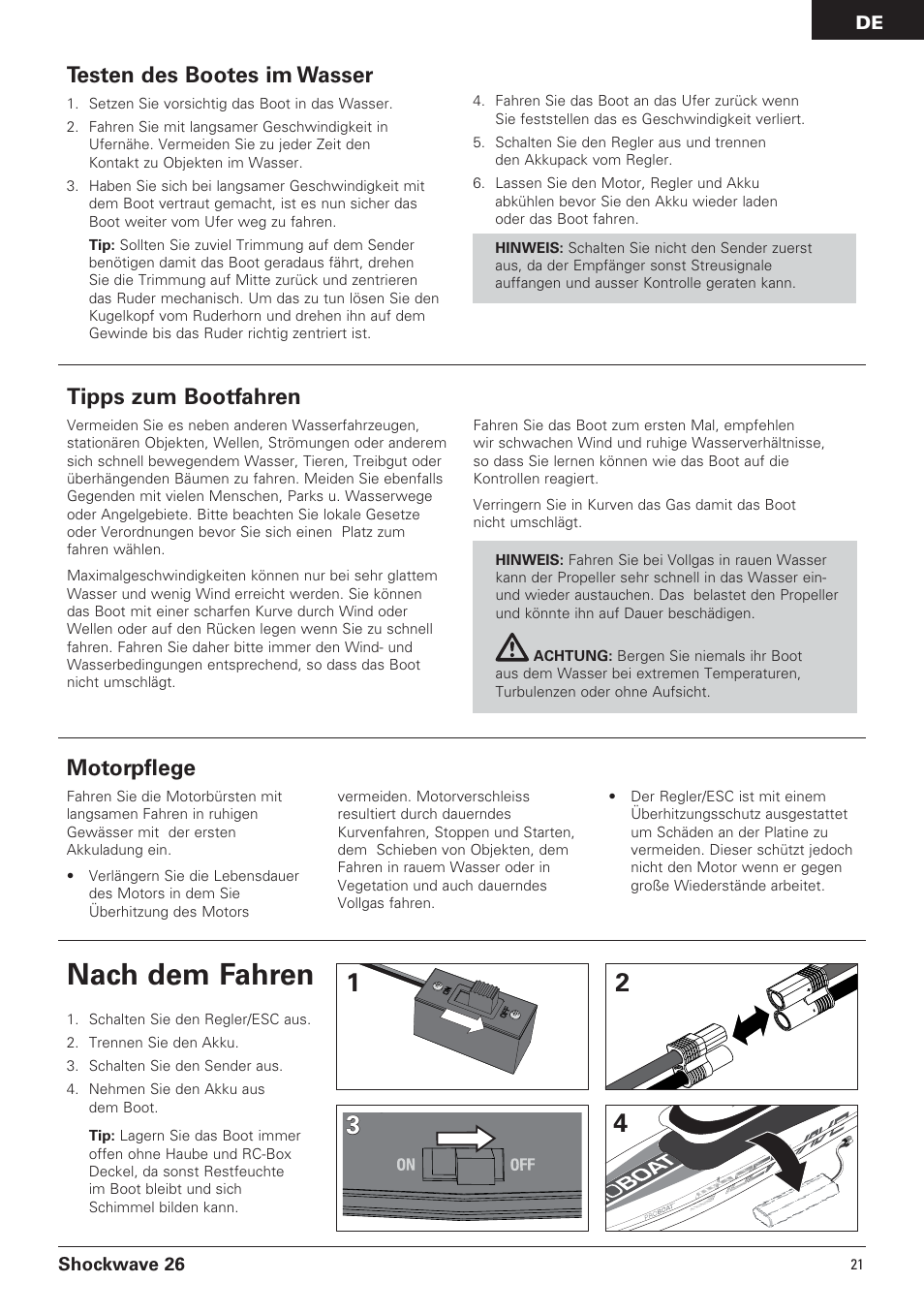 Nach dem fahren, Testen des bootes im wasser, Motorpflege | Tipps zum bootfahren | Pro Boat PRB0600 User Manual | Page 21 / 56