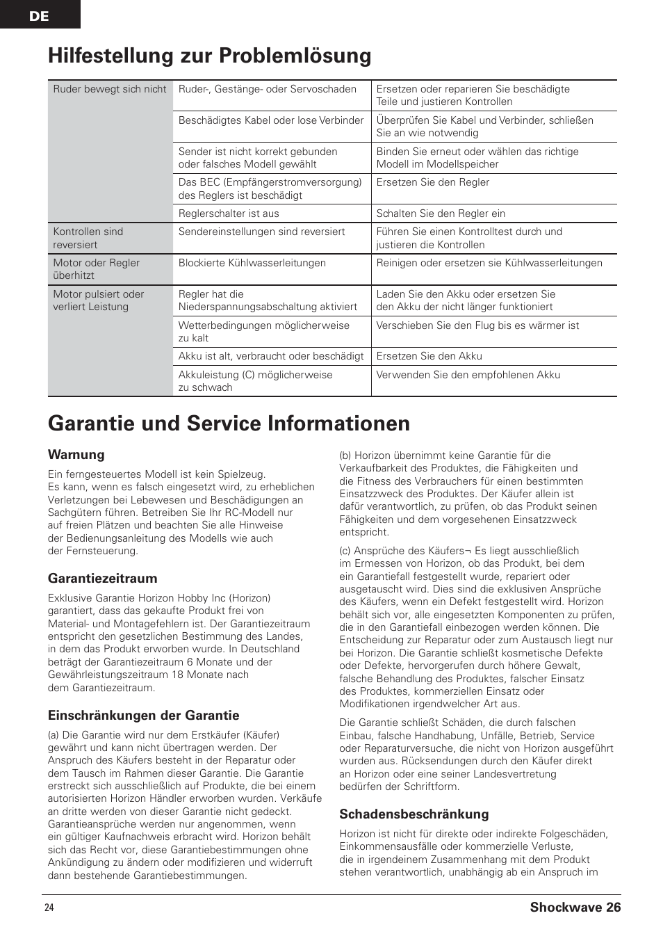 Shockwave 26, Warnung, Garantiezeitraum | Einschränkungen der garantie, Schadensbeschränkung | Pro Boat PRB0600 User Manual | Page 24 / 56