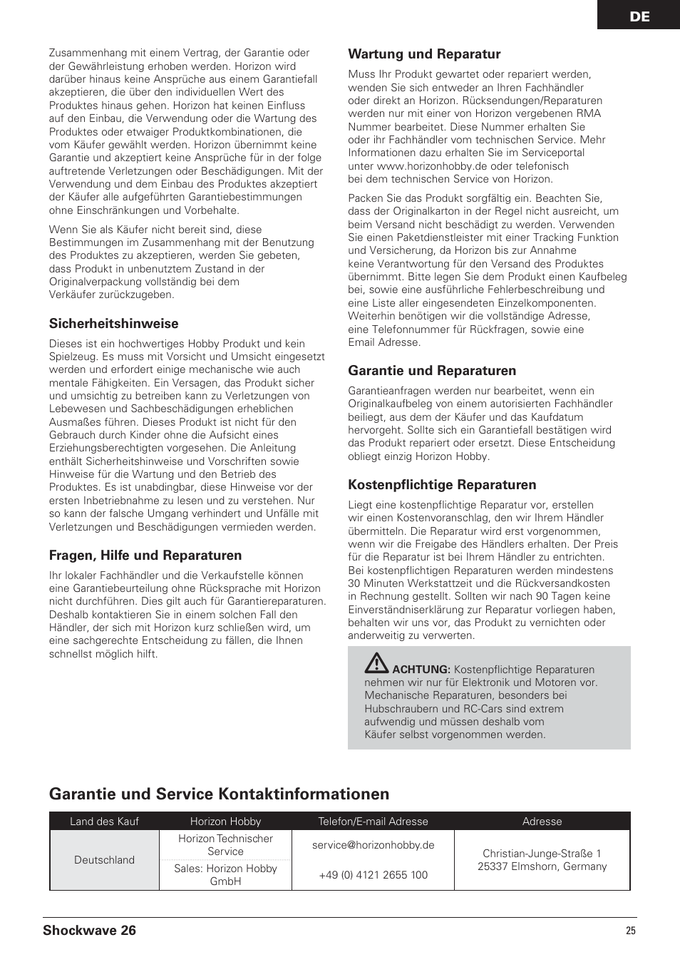 Garantie und service kontaktinformationen, Shockwave 26, Sicherheitshinweise | Fragen, hilfe und reparaturen, Wartung und reparatur, Garantie und reparaturen, Kostenpflichtige reparaturen | Pro Boat PRB0600 User Manual | Page 25 / 56