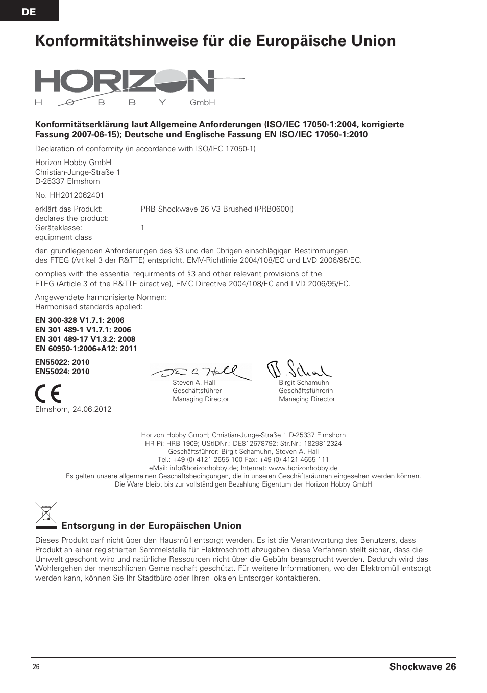 Konformitätshinweise für die europäische union, Shockwave 26, Entsorgung in der europäischen union | Pro Boat PRB0600 User Manual | Page 26 / 56