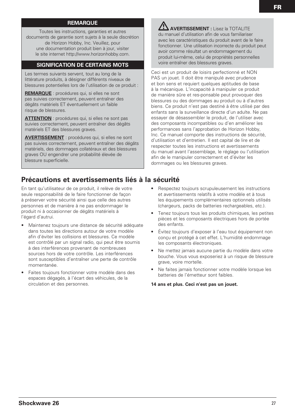 Précautions et avertissements liés à la sécurité, Shockwave 26 | Pro Boat PRB0600 User Manual | Page 27 / 56