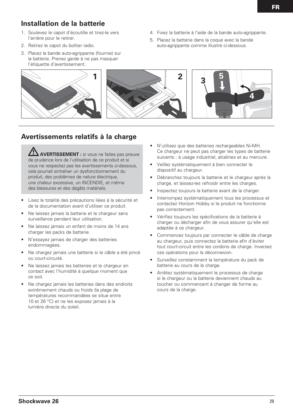 Avertissements relatifs à la charge, Installation de la batterie | Pro Boat PRB0600 User Manual | Page 29 / 56