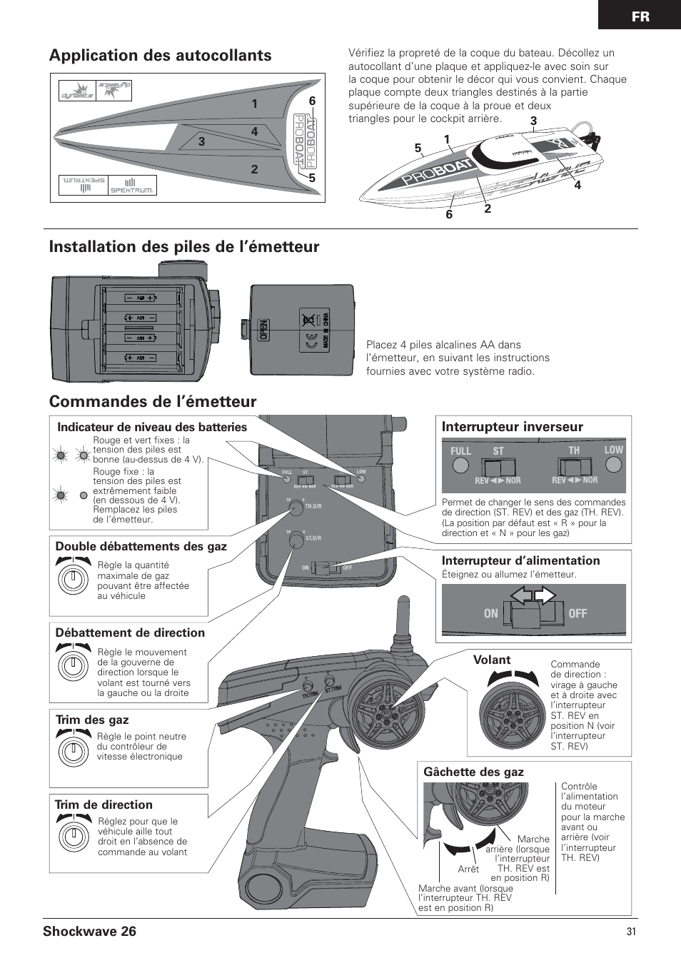 Commandes de l’émetteur, Application des autocollants, Installation des piles de l’émetteur | Shockwave 26, Interrupteur inverseur | Pro Boat PRB0600 User Manual | Page 31 / 56