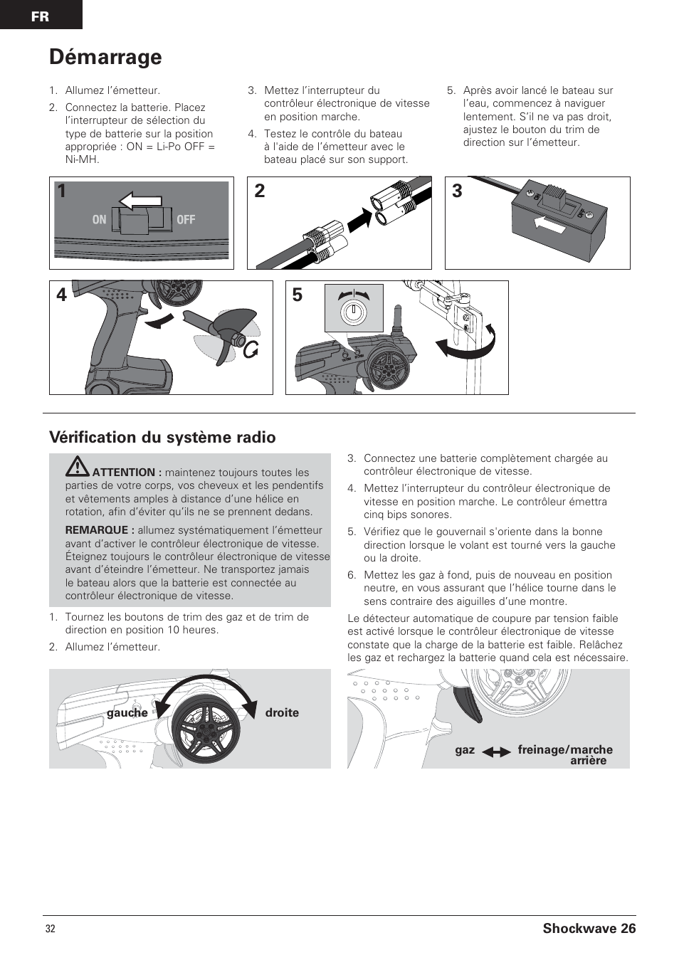 Démarrage, Vérification du système radio | Pro Boat PRB0600 User Manual | Page 32 / 56