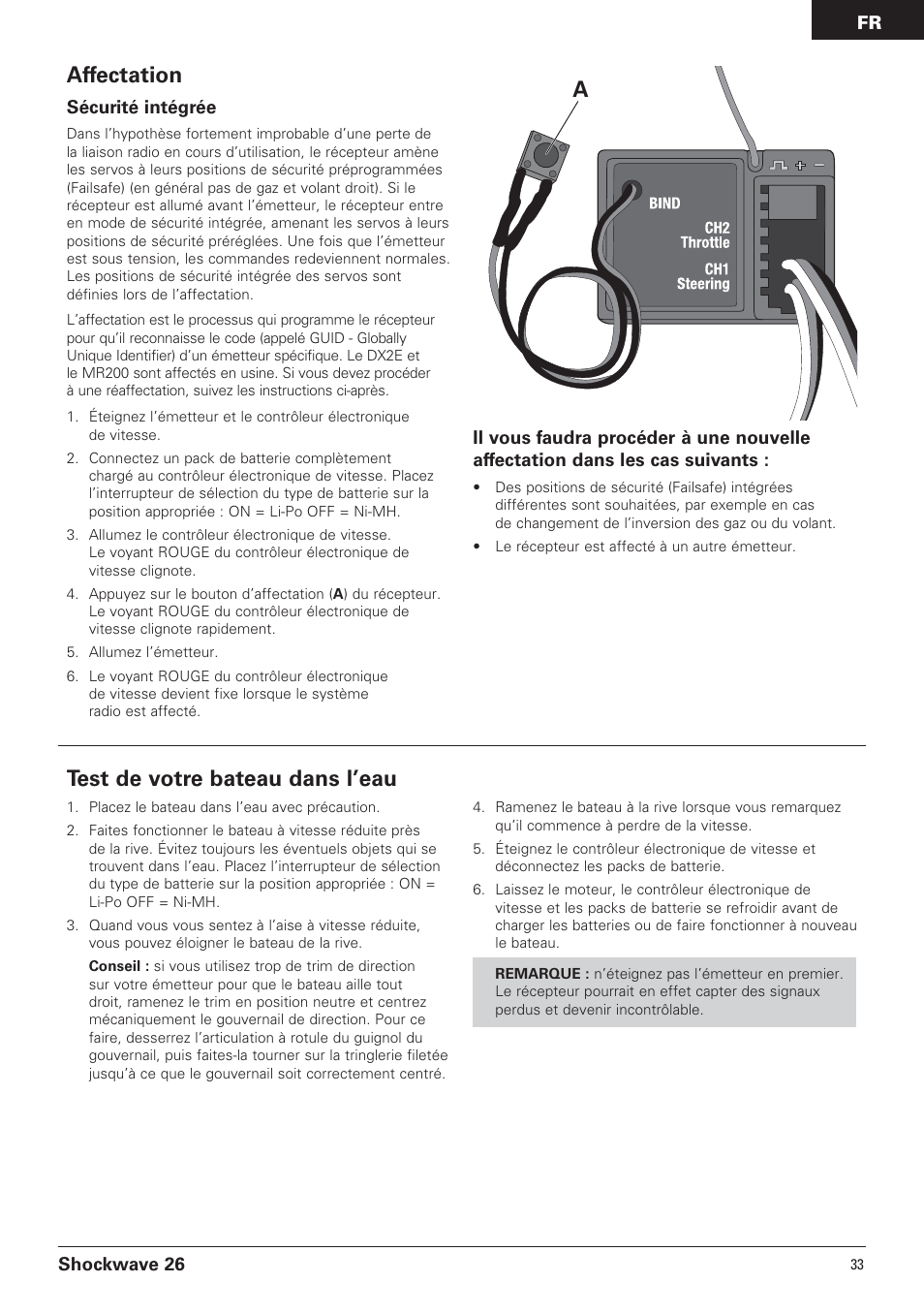 Test de votre bateau dans l’eau, Affectation | Pro Boat PRB0600 User Manual | Page 33 / 56