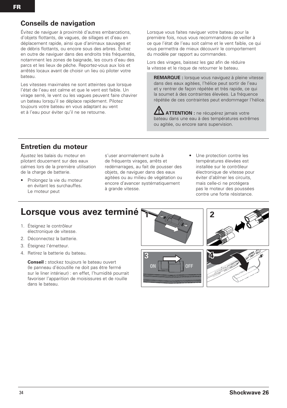 Lorsque vous avez terminé, Conseils de navigation, Entretien du moteur | Pro Boat PRB0600 User Manual | Page 34 / 56