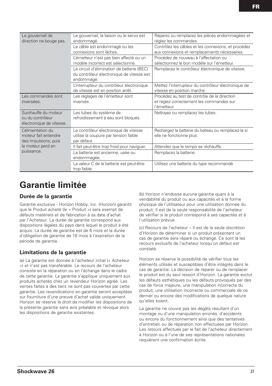 Garantie limitée, Shockwave 26, Durée de la garantie | Limitations de la garantie | Pro Boat PRB0600 User Manual | Page 37 / 56