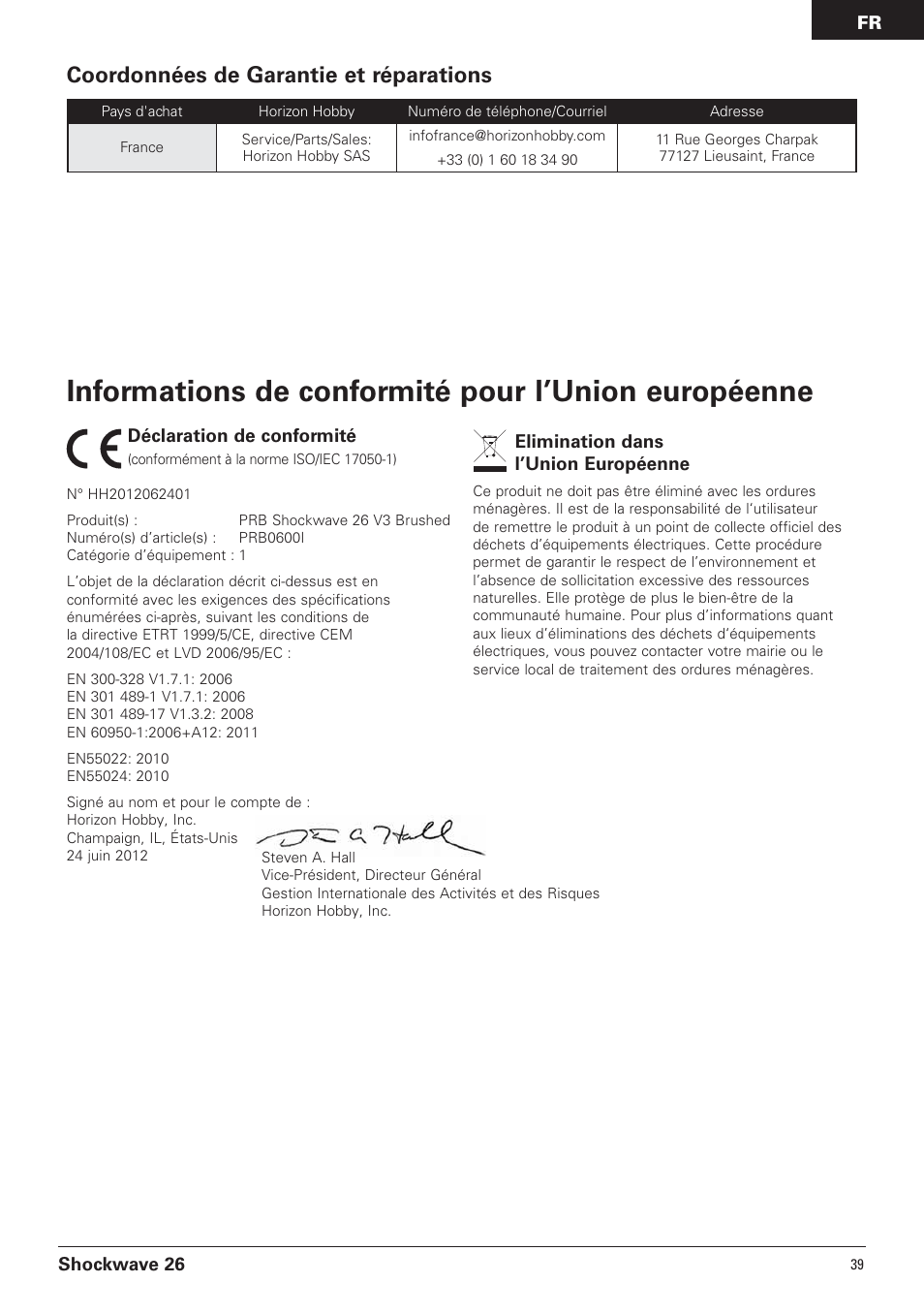 Informations de conformité pour l’union européenne, Coordonnées de garantie et réparations | Pro Boat PRB0600 User Manual | Page 39 / 56