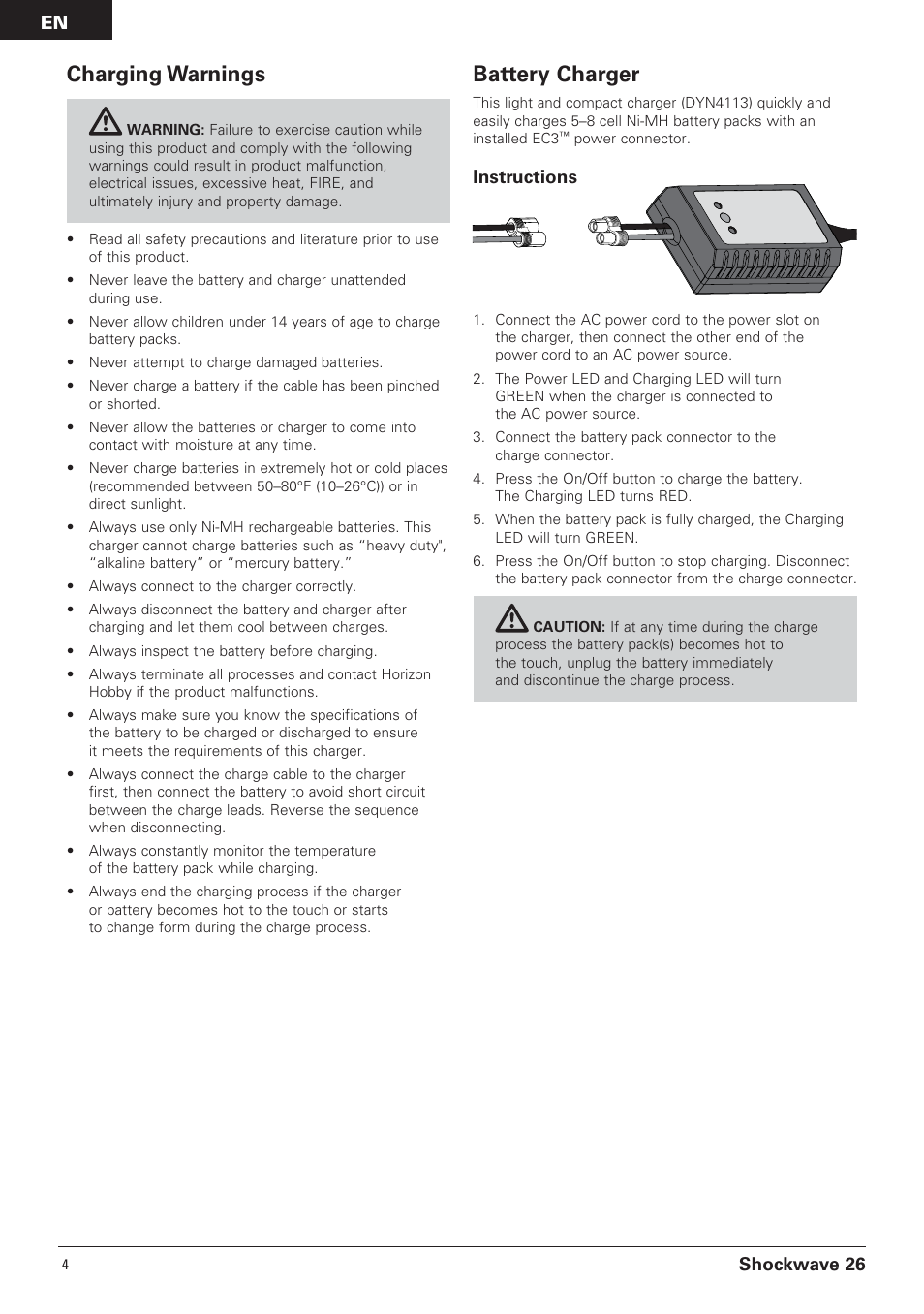 Charging warnings, Battery charger, Shockwave 26 | Instructions | Pro Boat PRB0600 User Manual | Page 4 / 56