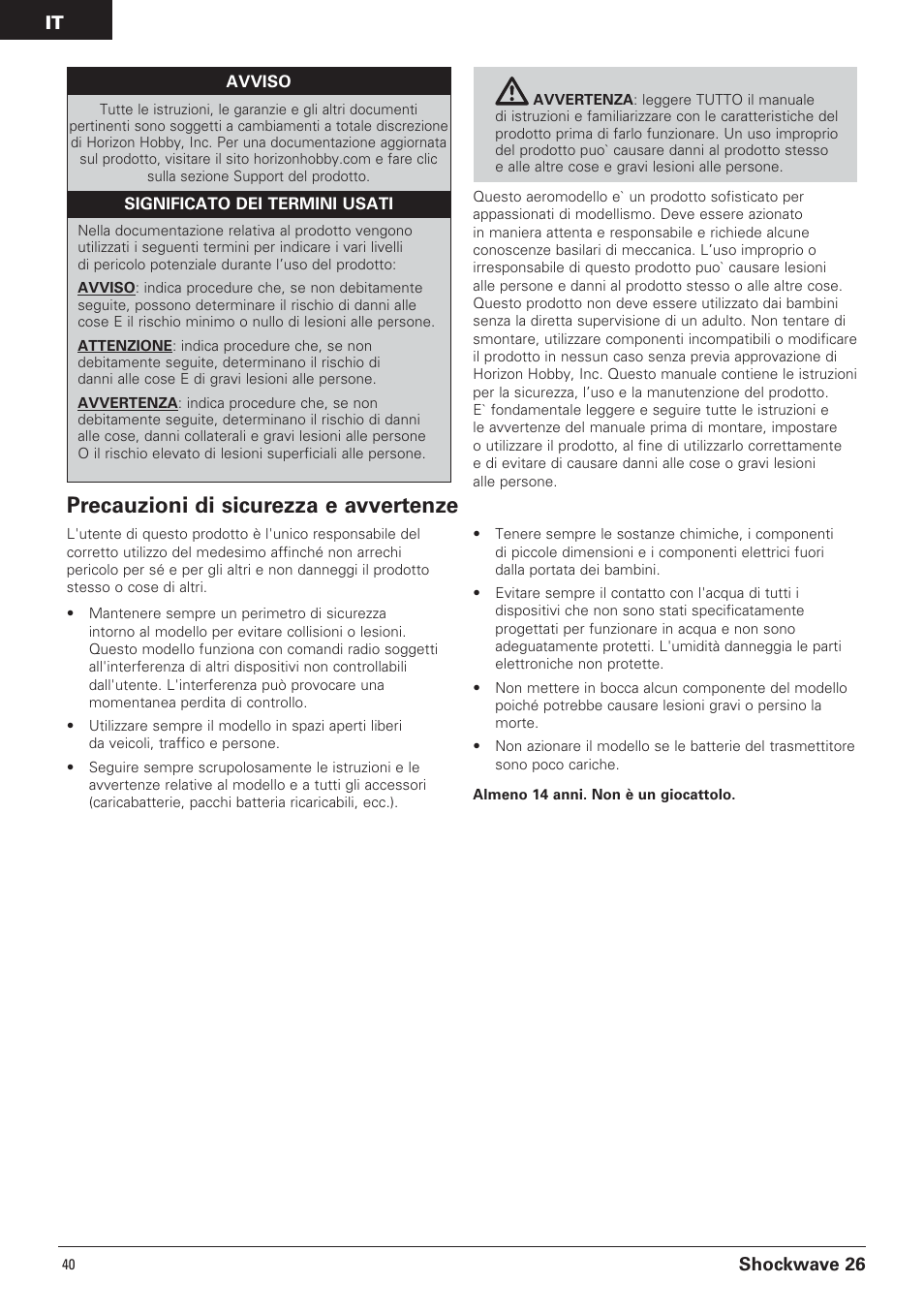 Precauzioni di sicurezza e avvertenze, Shockwave 26 | Pro Boat PRB0600 User Manual | Page 40 / 56