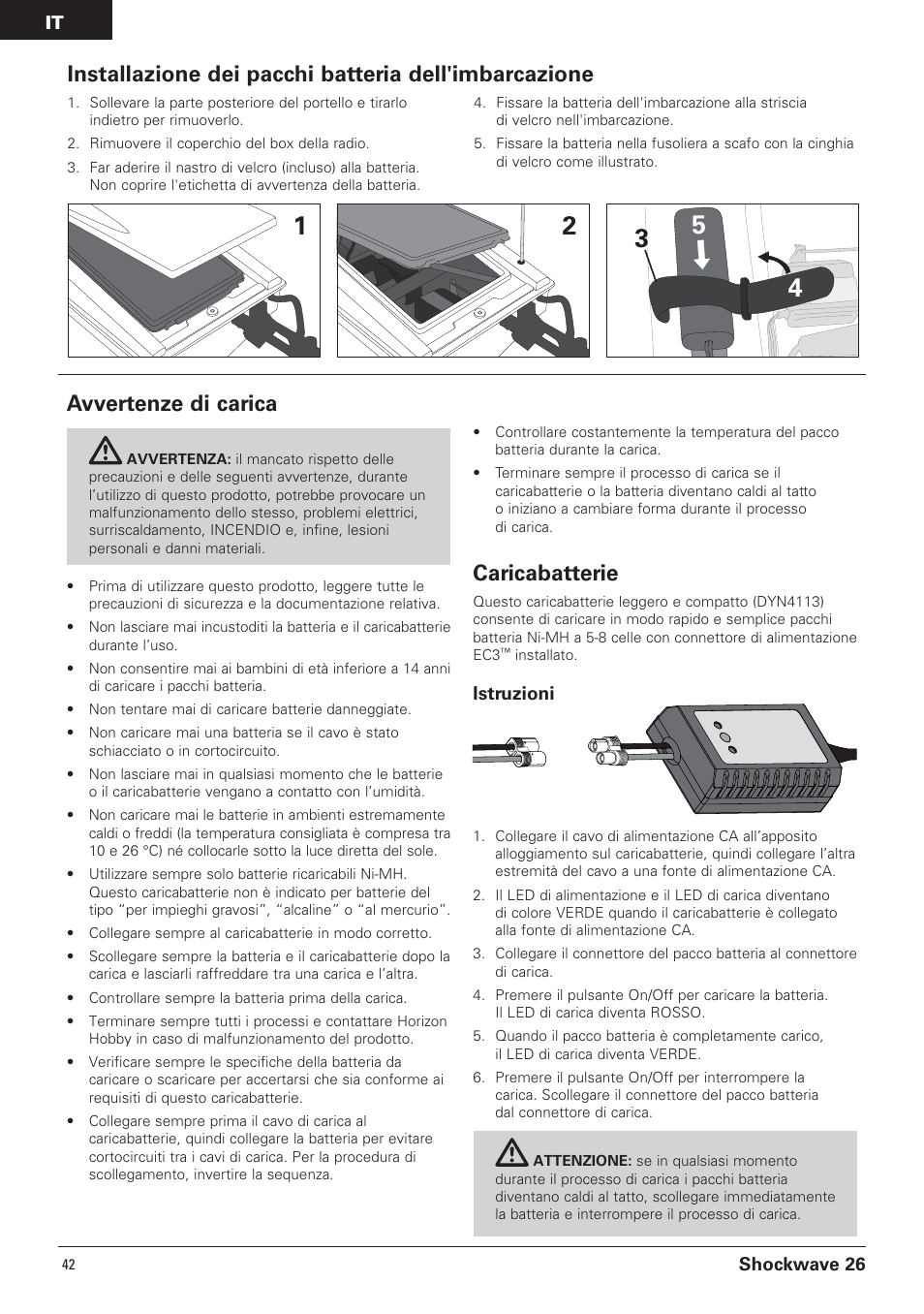 Avvertenze di carica, Caricabatterie | Pro Boat PRB0600 User Manual | Page 42 / 56