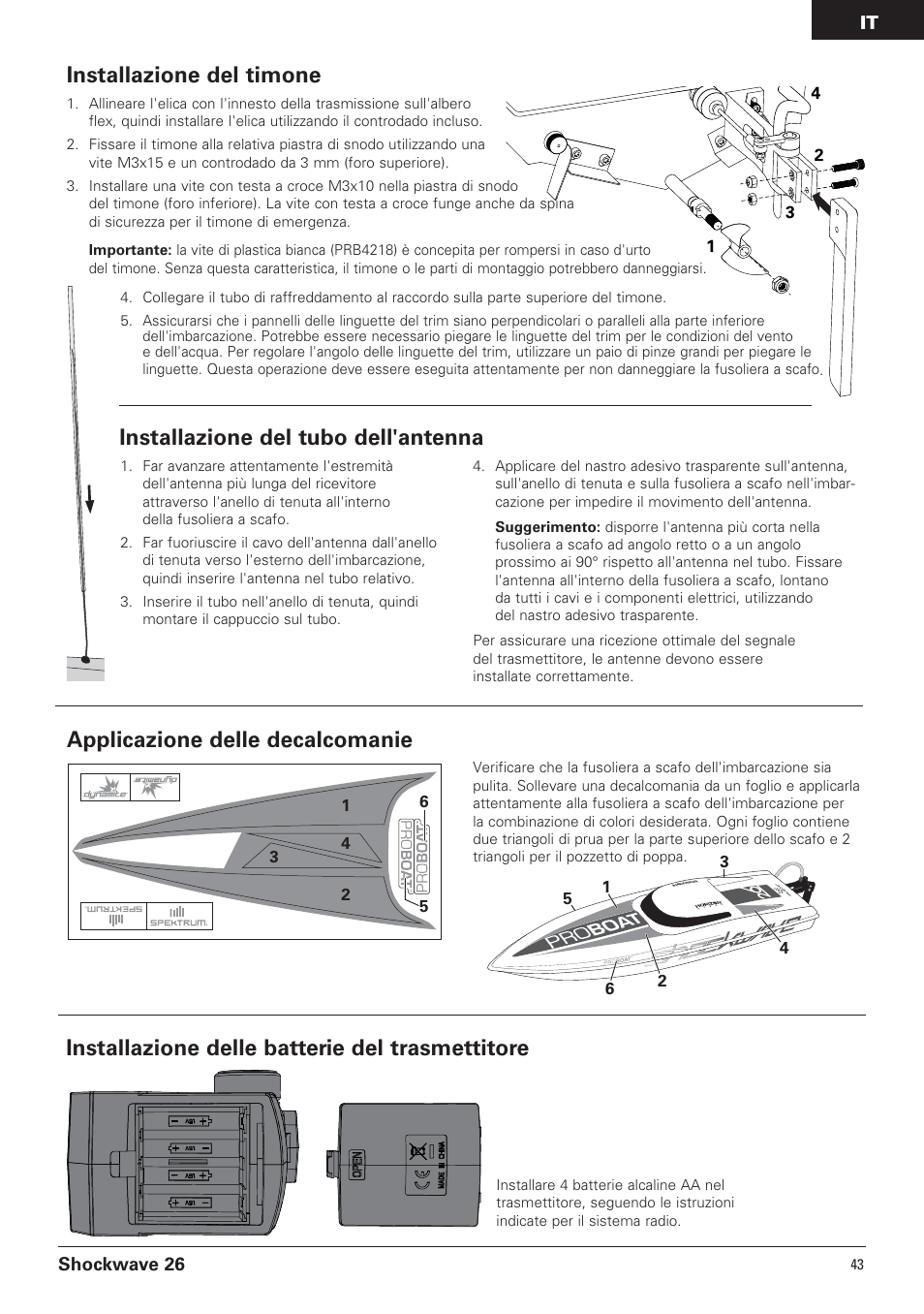 Installazione del timone, Applicazione delle decalcomanie, Installazione del tubo dell'antenna | Installazione delle batterie del trasmettitore | Pro Boat PRB0600 User Manual | Page 43 / 56