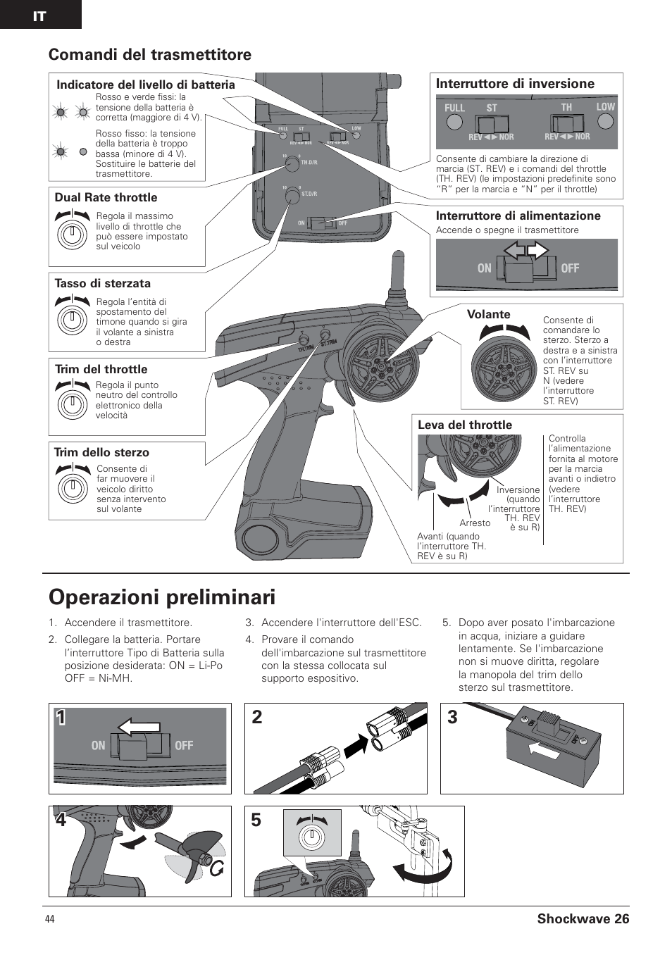 Operazioni preliminari, Comandi del trasmettitore, Shockwave 26 | Interruttore di inversione | Pro Boat PRB0600 User Manual | Page 44 / 56