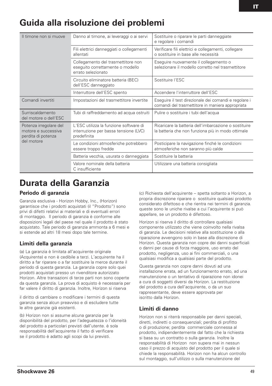 Durata della garanzia, Guida alla risoluzione dei problemi, Shockwave 26 | Periodo di garanzia, Limiti della garanzia, Limiti di danno | Pro Boat PRB0600 User Manual | Page 49 / 56