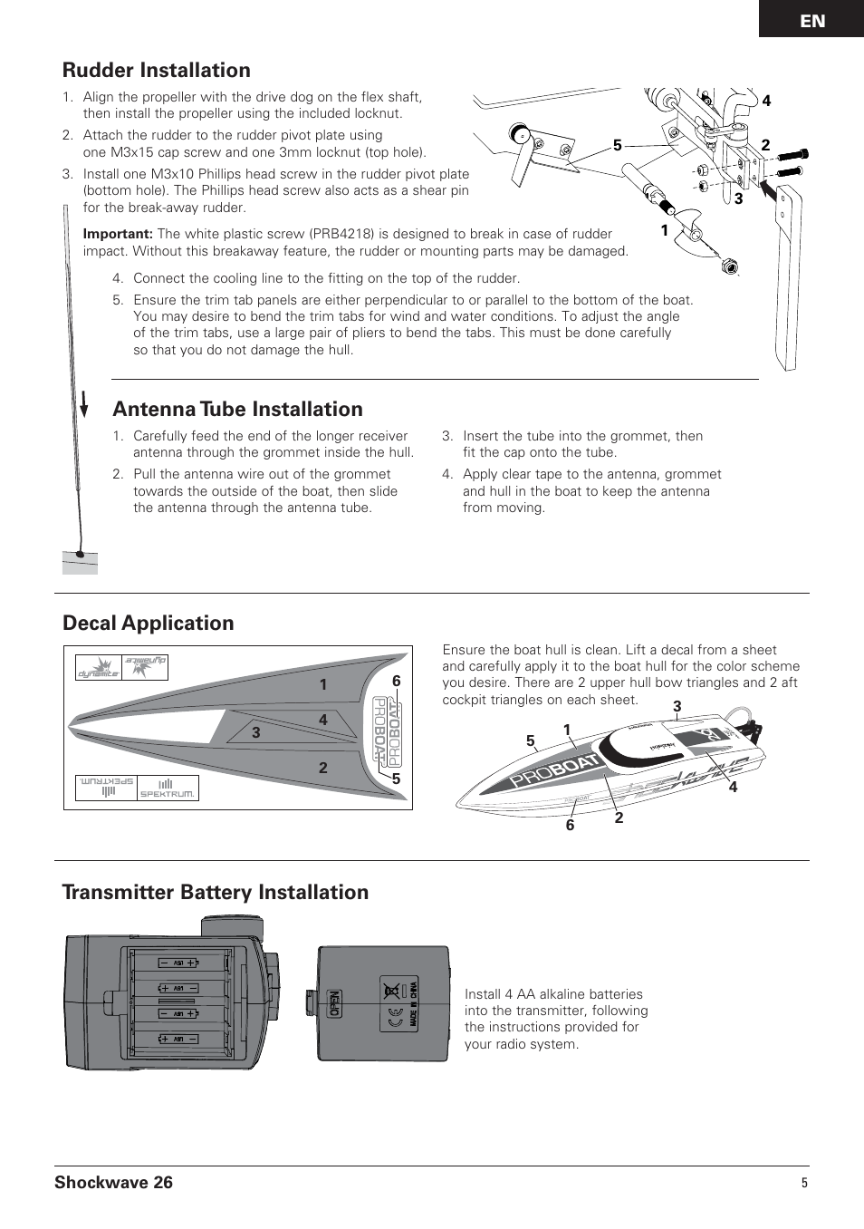 Rudder installation, Decal application, Antenna tube installation | Transmitter battery installation | Pro Boat PRB0600 User Manual | Page 5 / 56