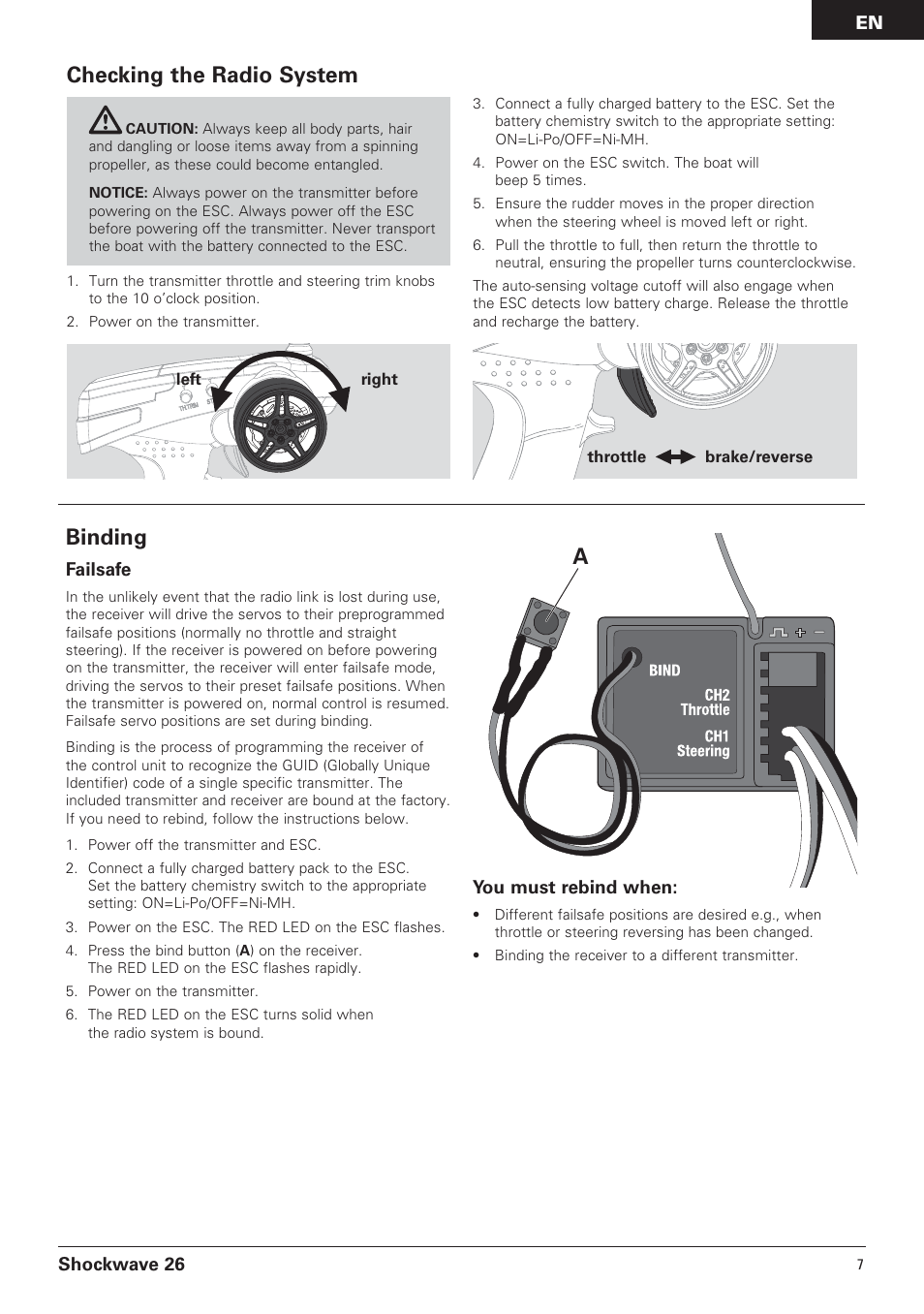Checking the radio system, Binding | Pro Boat PRB0600 User Manual | Page 7 / 56