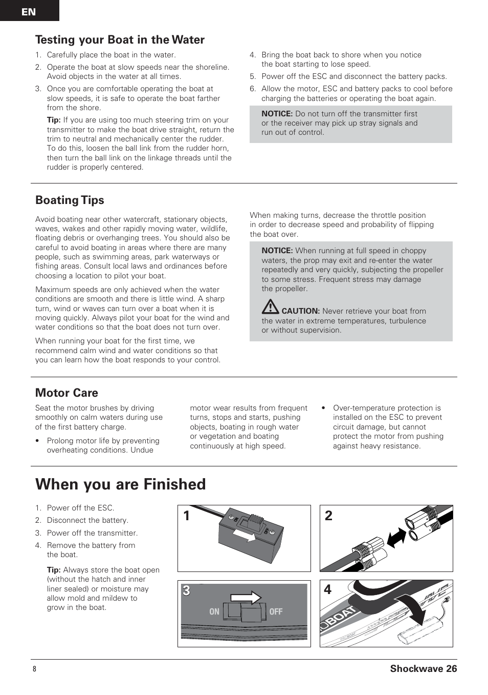 When you are finished, Testing your boat in the water, Motor care | Boating tips | Pro Boat PRB0600 User Manual | Page 8 / 56