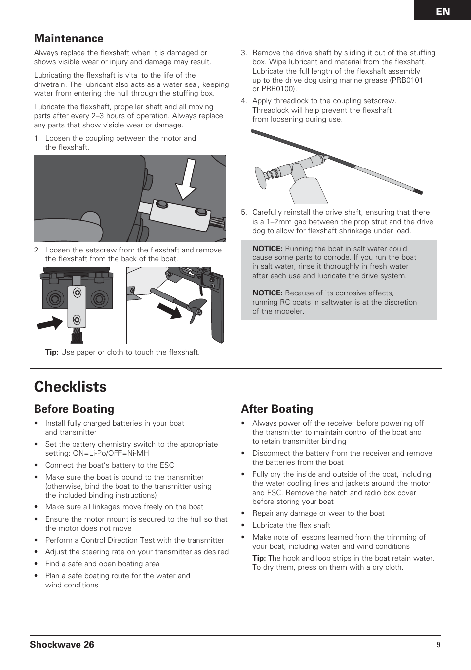 Checklists, Maintenance, Before boating | After boating | Pro Boat PRB0600 User Manual | Page 9 / 56